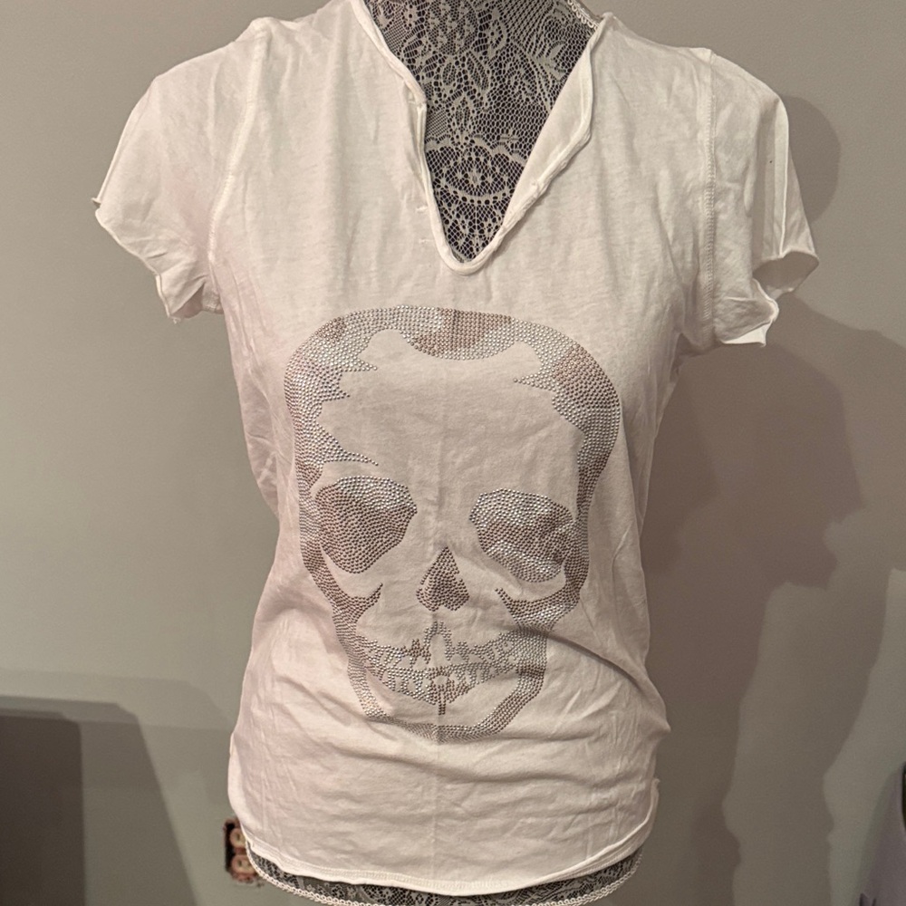 Zadig & Voltaire White Metallic Skull Graphic Tee
